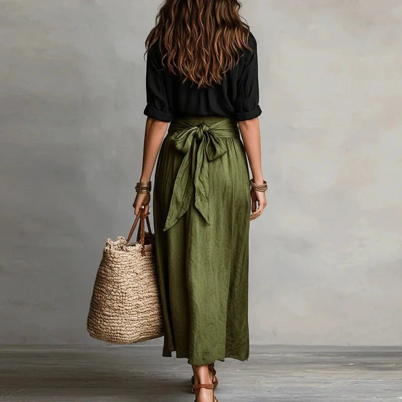 Set van linnenmix blouse en maxirok met strikceintuur