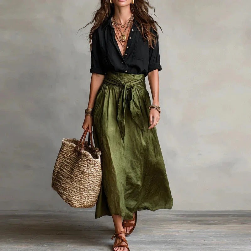 Set van linnenmix blouse en maxirok met strikceintuur