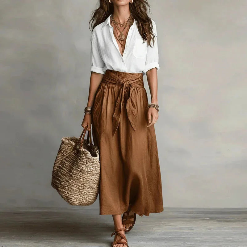 Set van linnenmix blouse en maxirok met strikceintuur