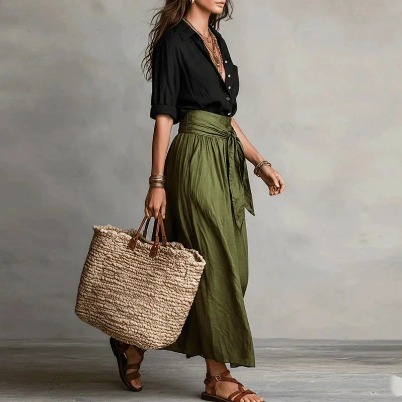 Set van linnenmix blouse en maxirok met strikceintuur