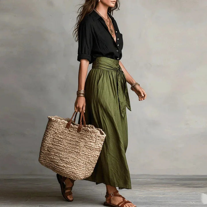 Set van linnenmix blouse en maxirok met strikceintuur