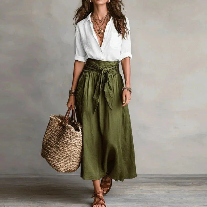 Set van linnenmix blouse en maxirok met strikceintuur