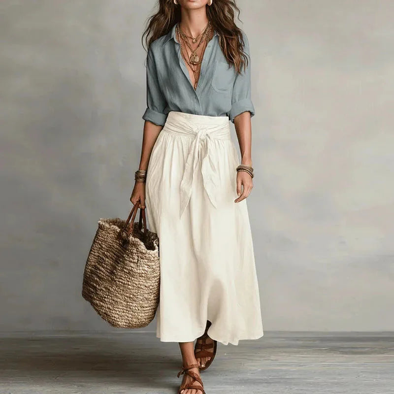 Set van linnenmix blouse en maxirok met strikceintuur