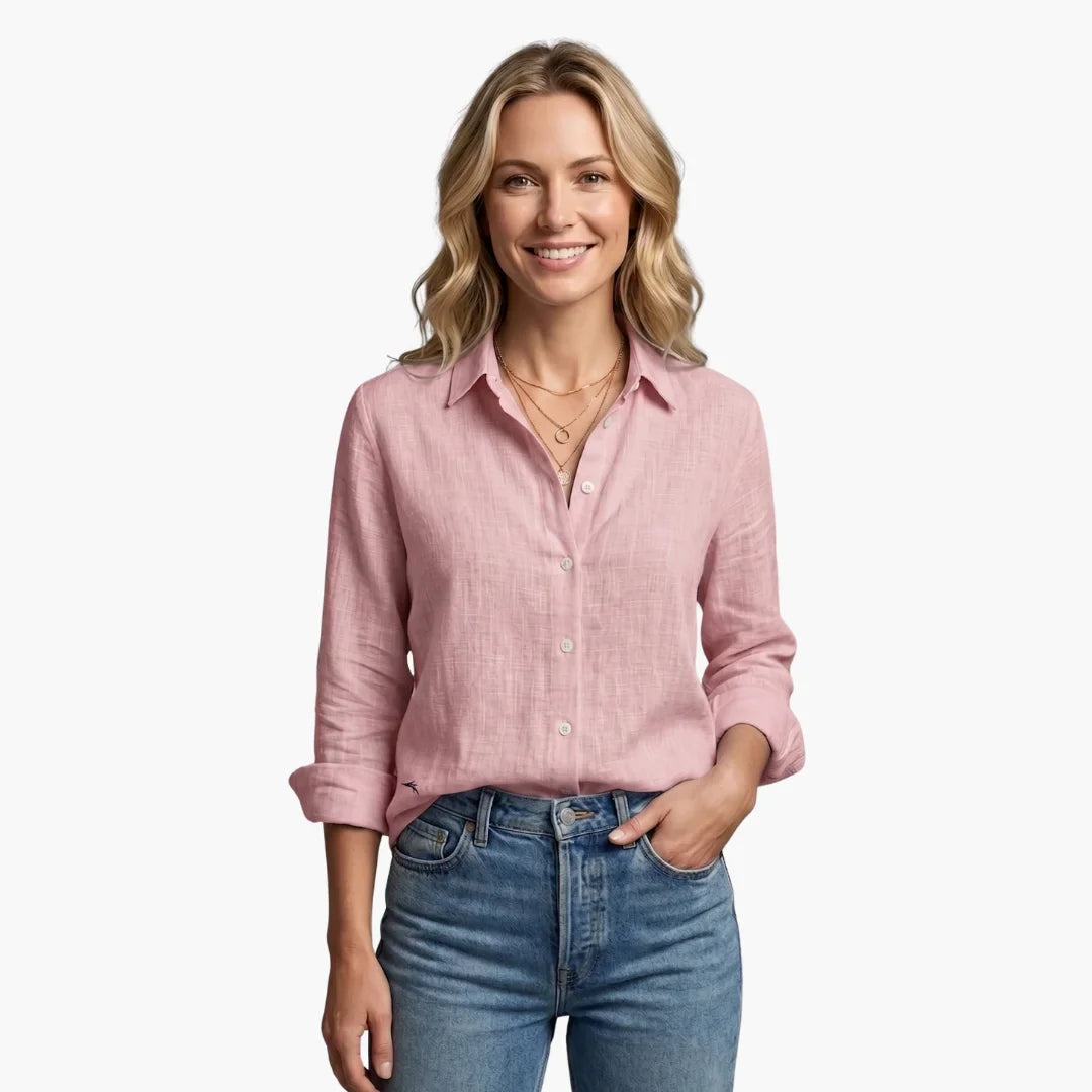Linnen blouse met lange mouwen en gekraagde V-hals