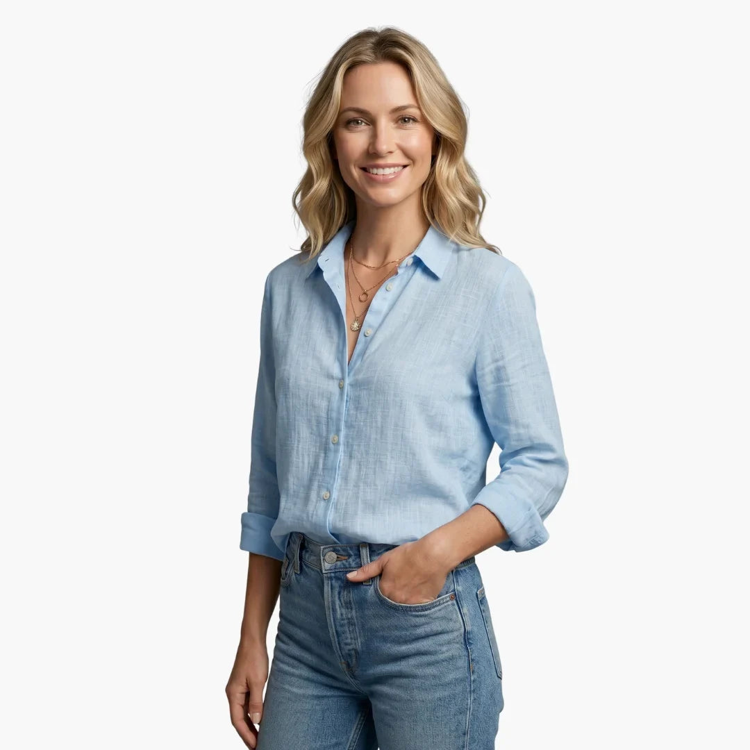 Linnen blouse met lange mouwen en gekraagde V-hals