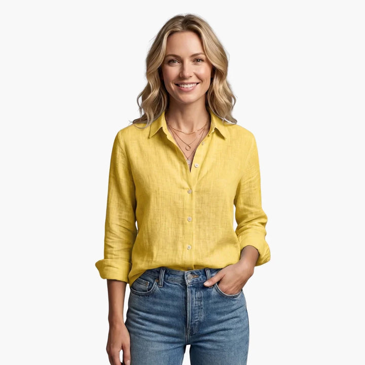 Linnen blouse met lange mouwen en gekraagde V-hals