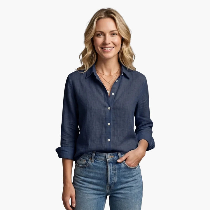 Linnen blouse met lange mouwen en gekraagde V-hals