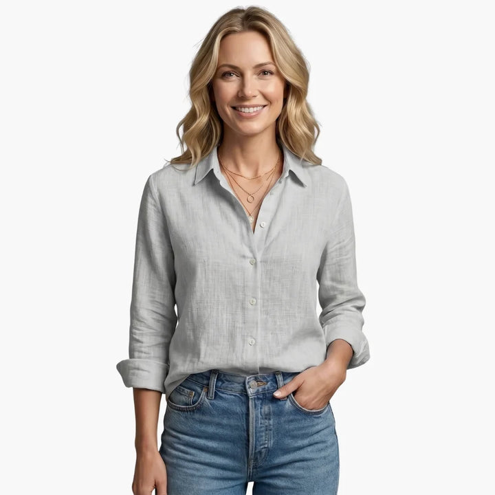 Linnen blouse met lange mouwen en gekraagde V-hals