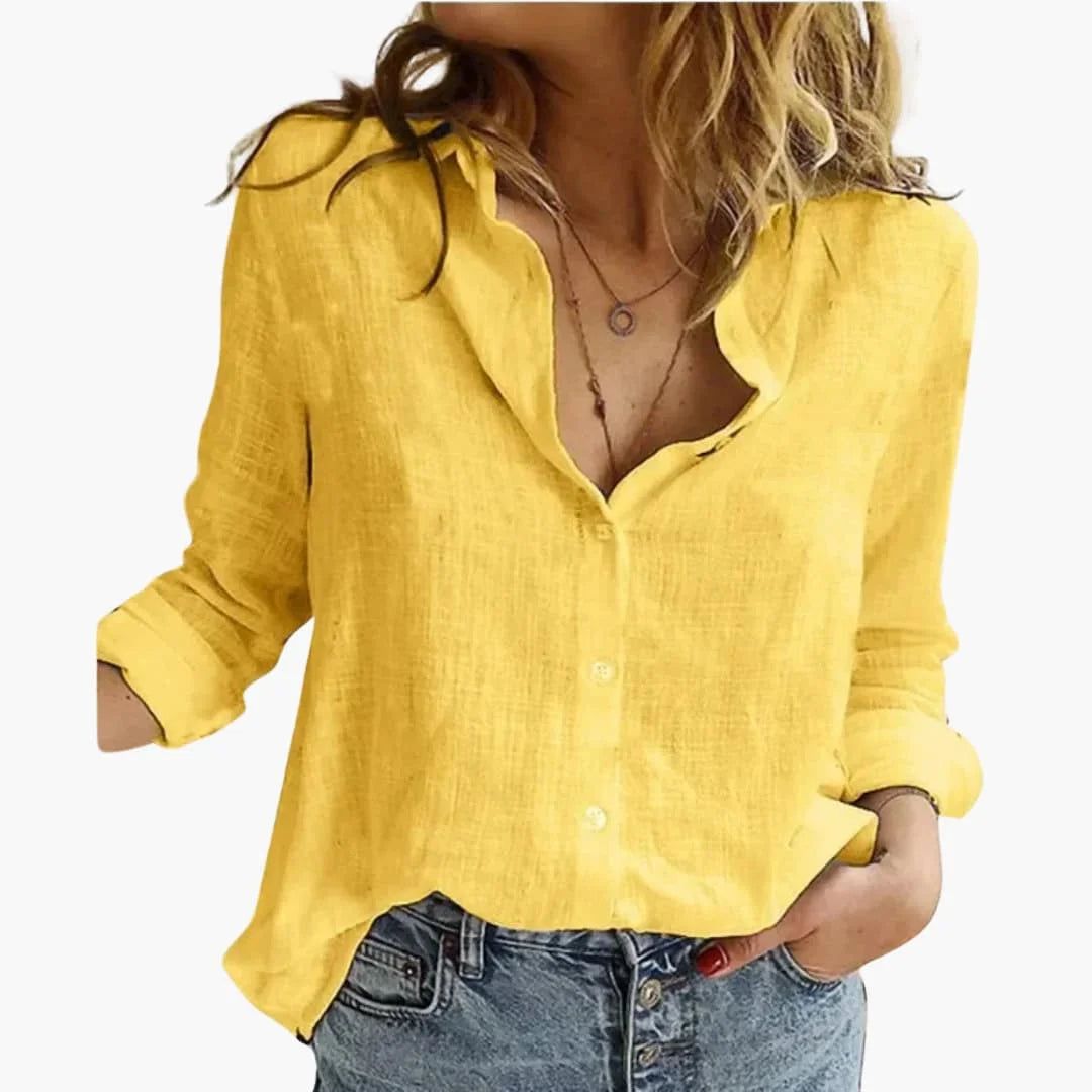 Linnen blouse met lange mouwen en gekraagde V-hals