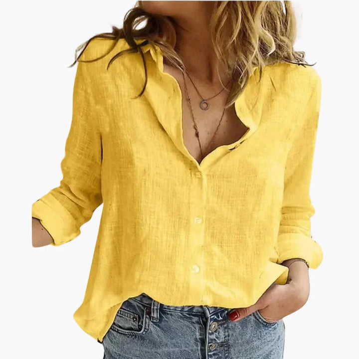 Linnen blouse met lange mouwen en gekraagde V-hals