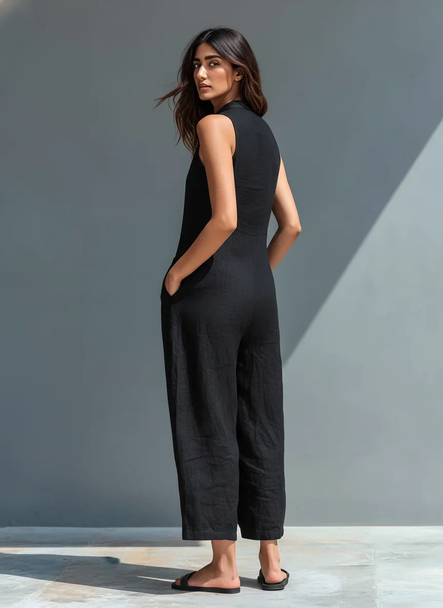 Linnen wijde jumpsuit met doorknoopsluiting
