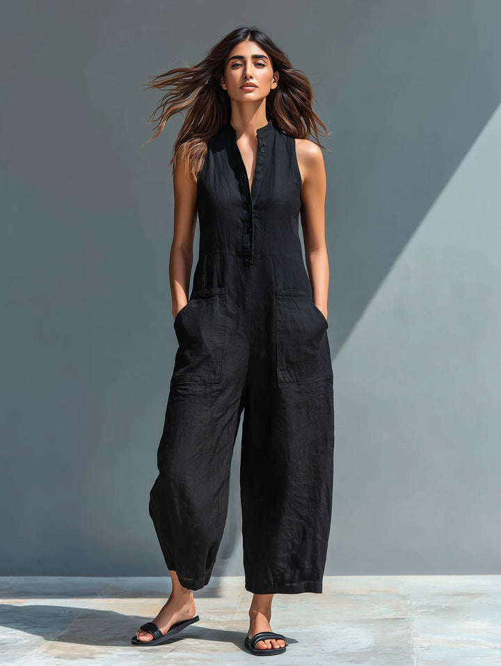 Linnen wijde jumpsuit met doorknoopsluiting