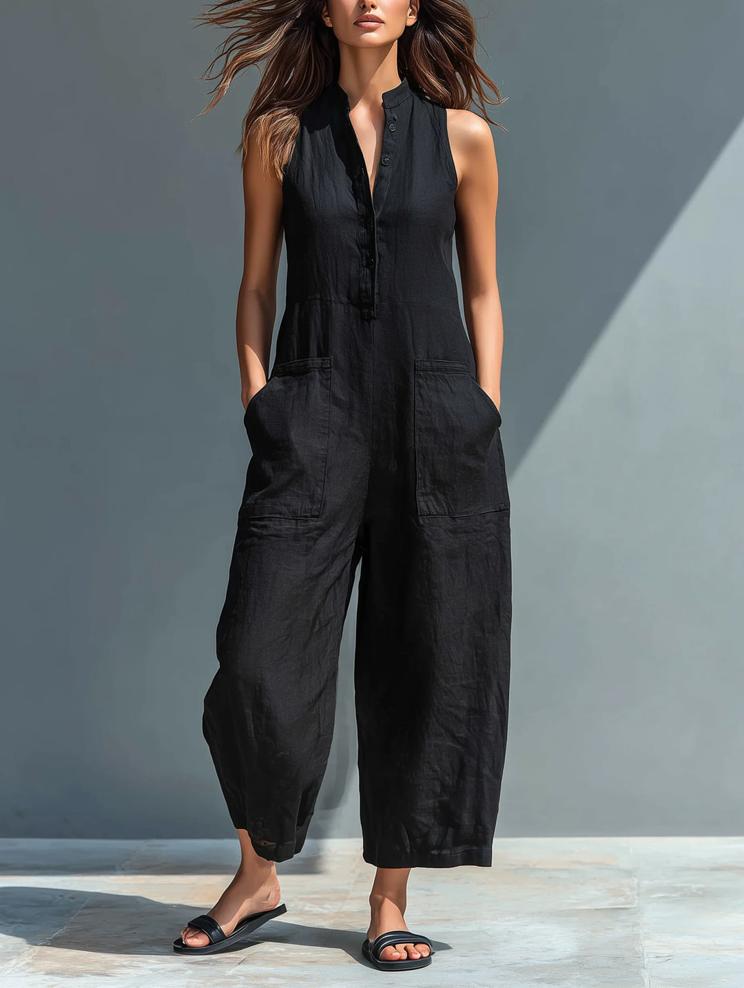 Linnen wijde jumpsuit met doorknoopsluiting