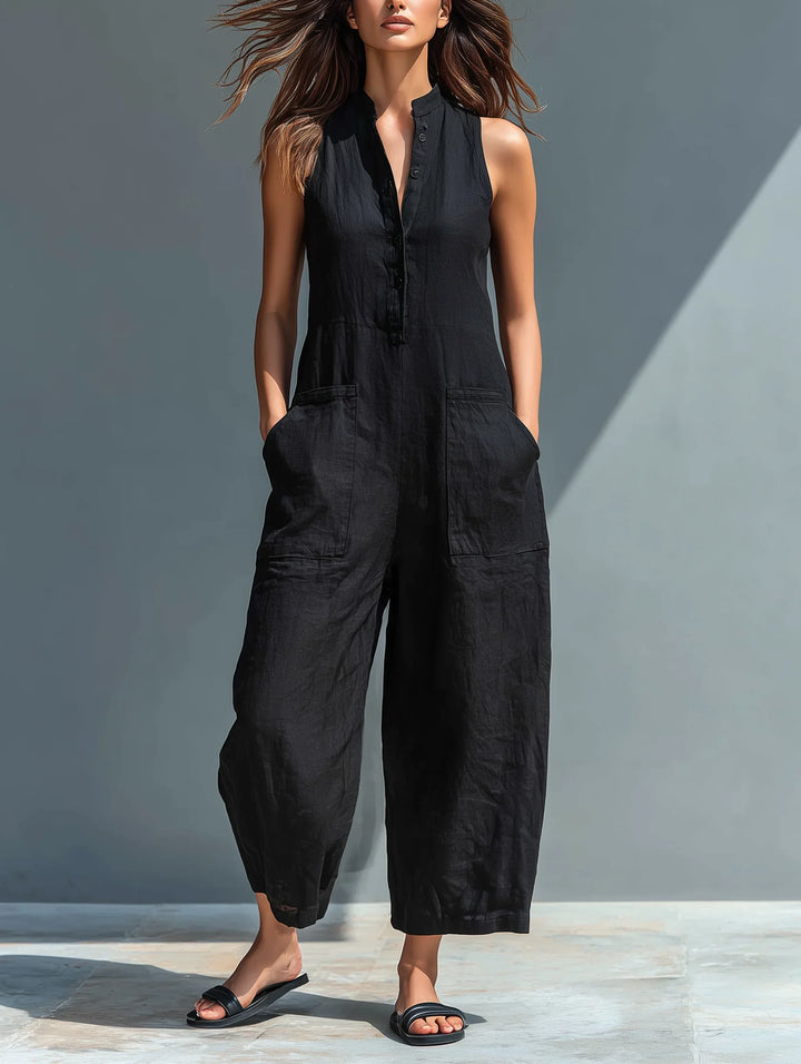 Linnen wijde jumpsuit met doorknoopsluiting