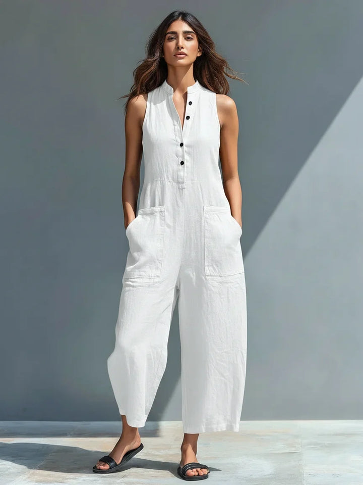 Linnen wijde jumpsuit met doorknoopsluiting