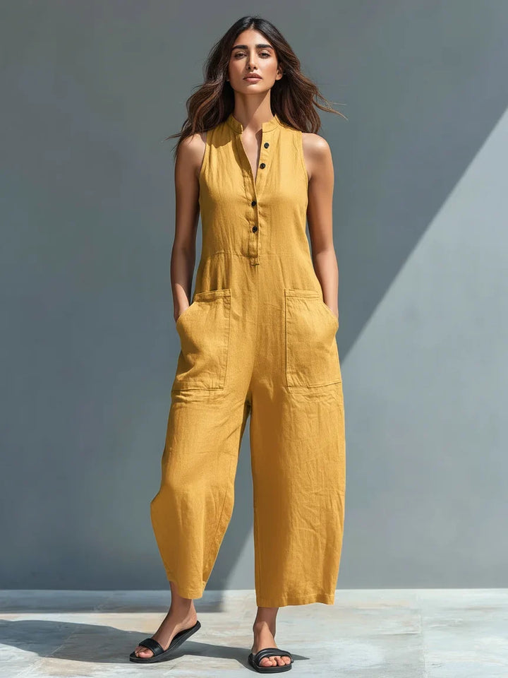 Linnen wijde jumpsuit met doorknoopsluiting