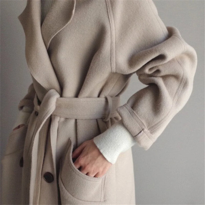 Dames lange dubbelrijige cashmere blend jas