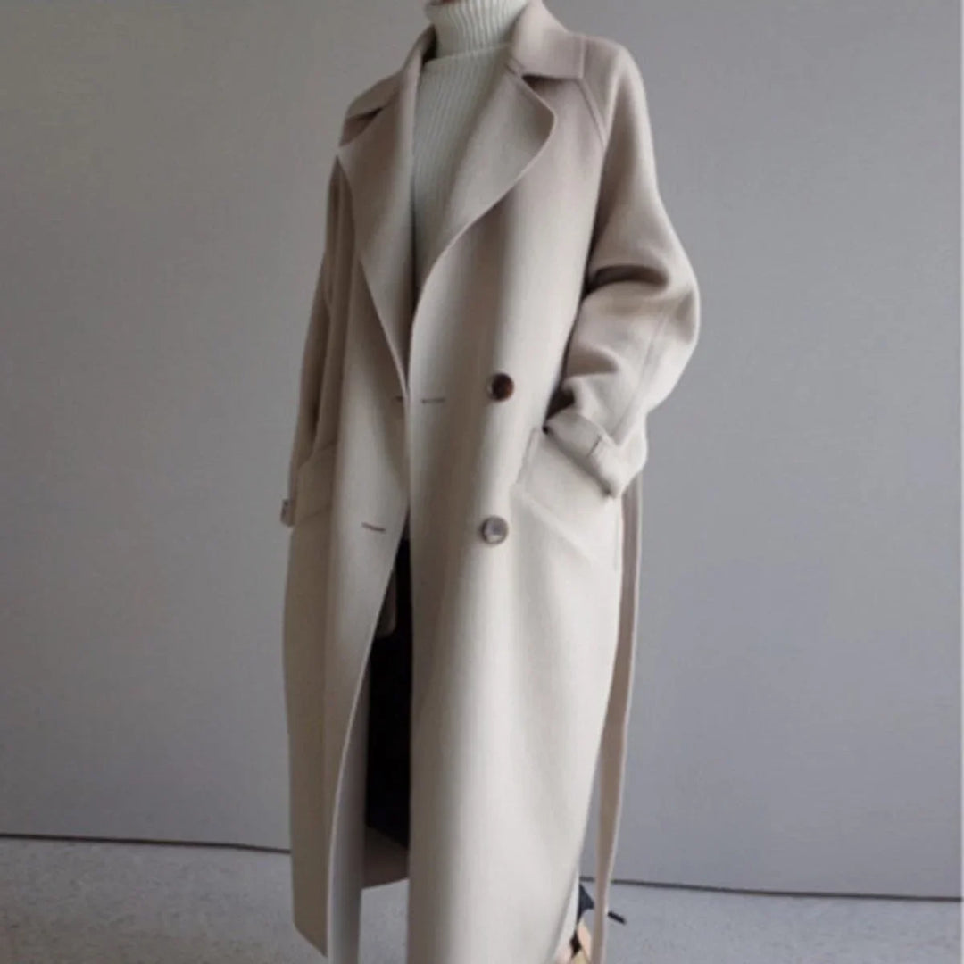 Dames lange dubbelrijige cashmere blend jas