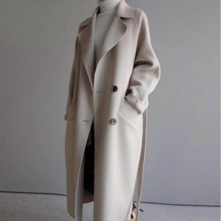 Dames lange dubbelrijige cashmere blend jas