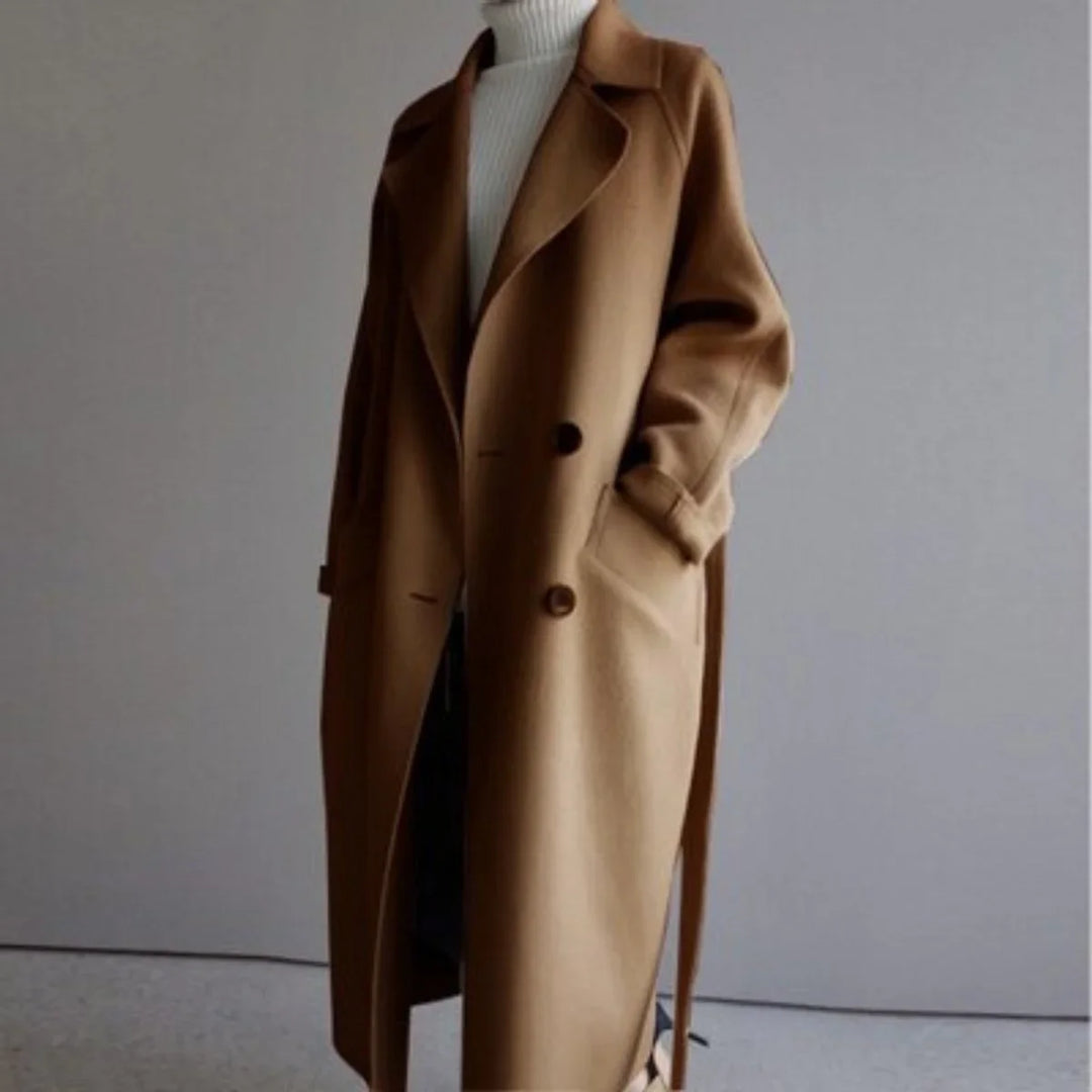 Dames lange dubbelrijige cashmere blend jas