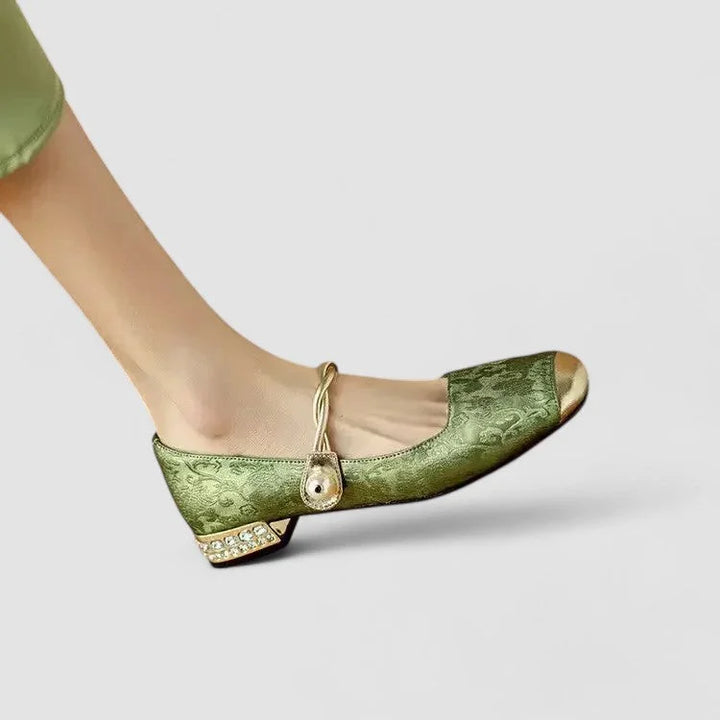 Gepatroonde Mary Jane-schoenen met gouden neus en blokhak