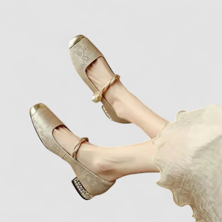 Gepatroonde Mary Jane-schoenen met gouden neus en blokhak