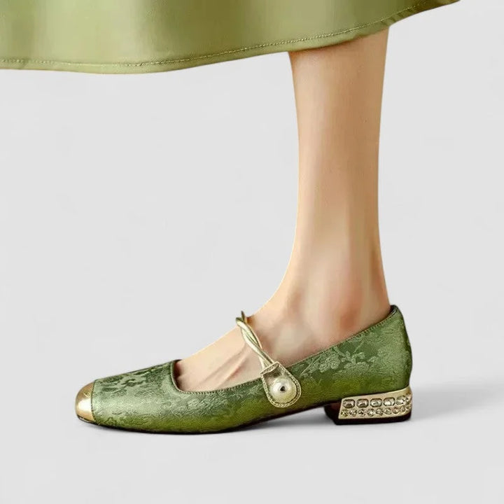 Gepatroonde Mary Jane-schoenen met gouden neus en blokhak