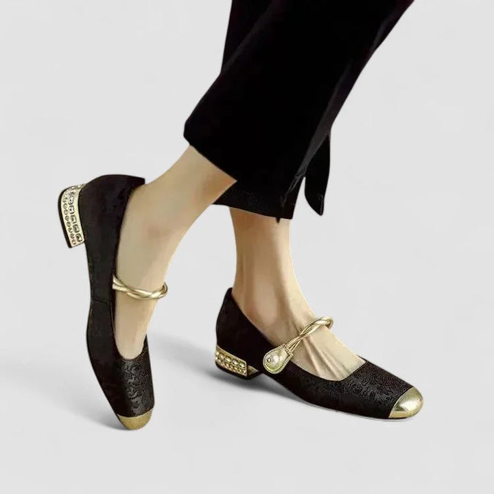 Gepatroonde Mary Jane-schoenen met gouden neus en blokhak