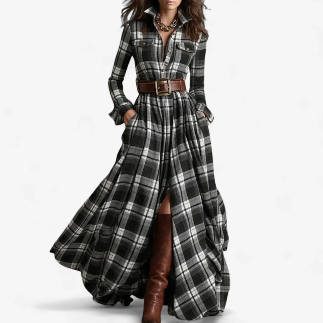 Geruite flanellen maxi-blousejurk met ceintuur