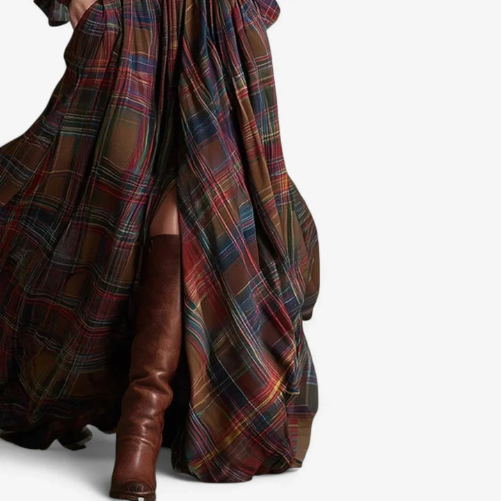 Geruite flanellen maxi-blousejurk met ceintuur