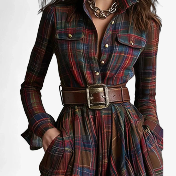 Geruite flanellen maxi-blousejurk met ceintuur