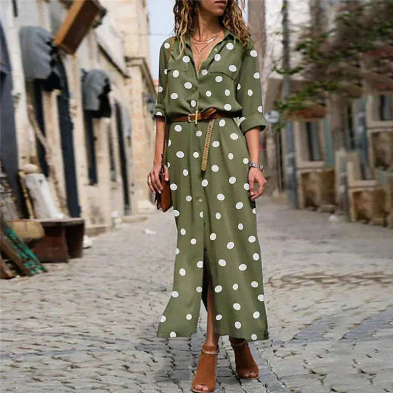 Maxi-blousejurk met stippen, lange mouwen en doorknoopsluiting