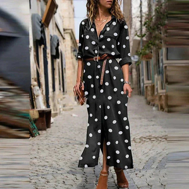 Maxi-blousejurk met stippen, lange mouwen en doorknoopsluiting