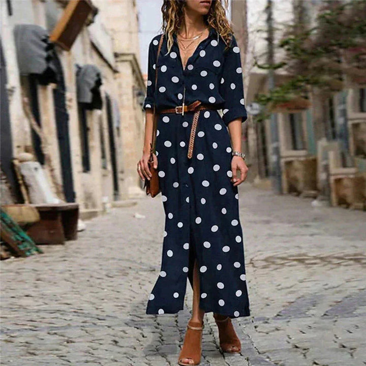 Maxi-blousejurk met stippen, lange mouwen en doorknoopsluiting