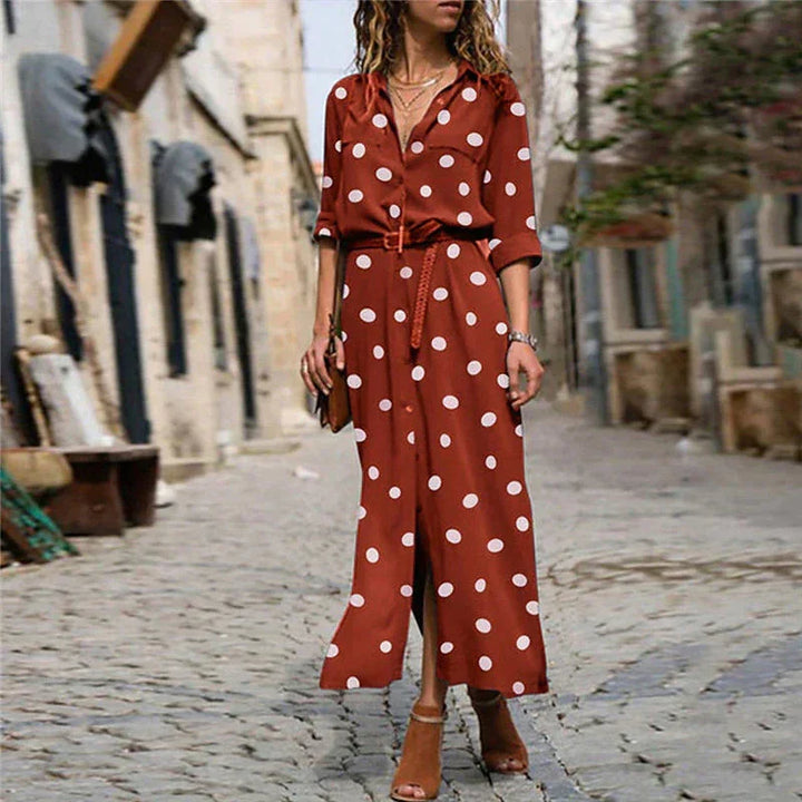 Maxi-blousejurk met stippen, lange mouwen en doorknoopsluiting