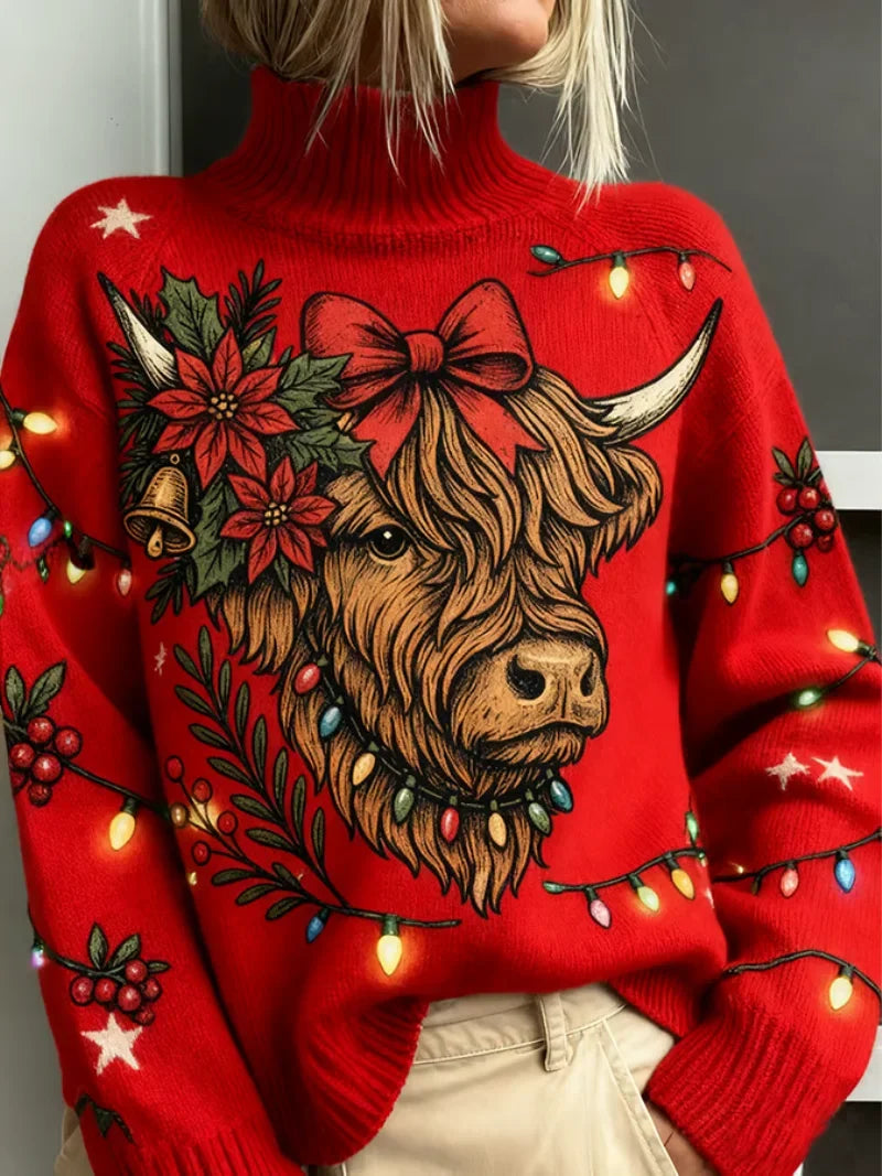 Kersttrui met koeienprint en col