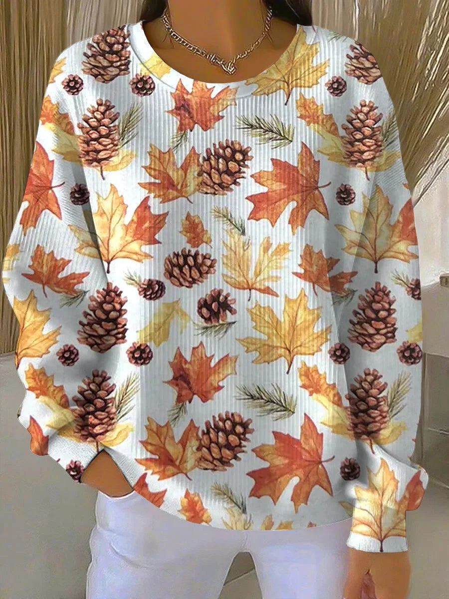 Geribde longsleeve met esdoornbladprint en ronde hals