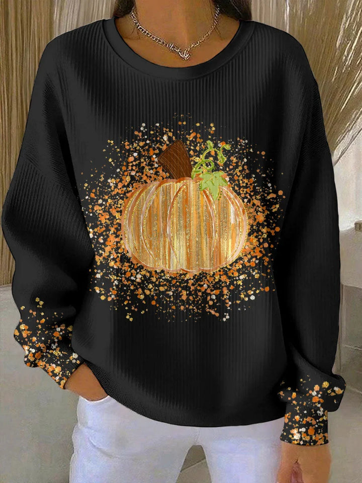 Geribbeld gebreid shirt met pompoenprint en lange mouwen