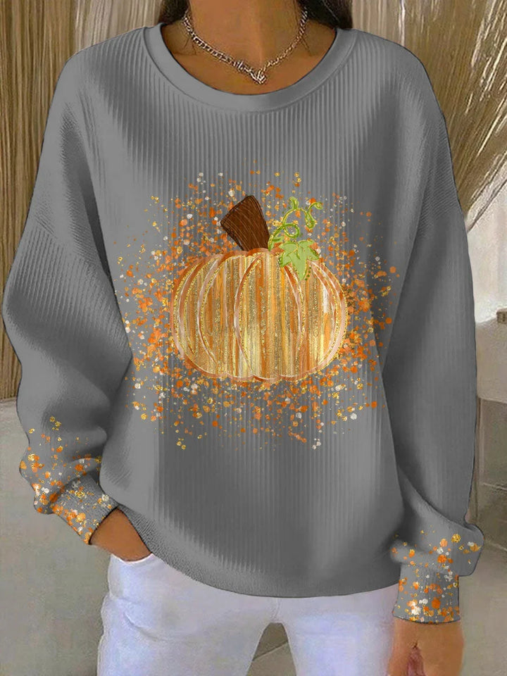 Geribbeld gebreid shirt met pompoenprint en lange mouwen
