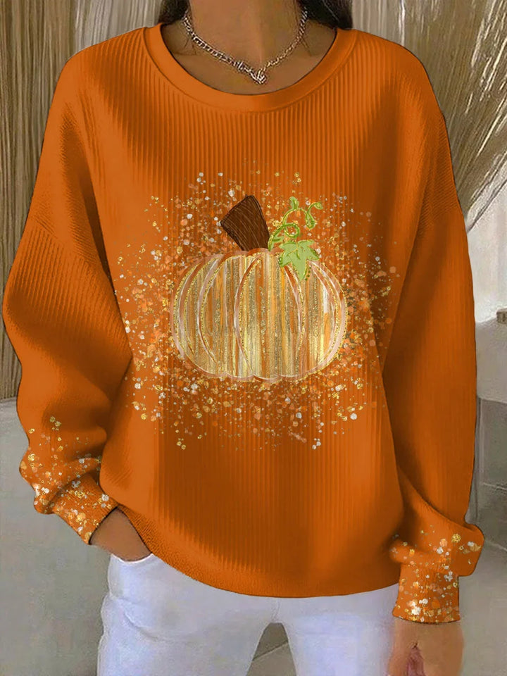 Geribbeld gebreid shirt met pompoenprint en lange mouwen