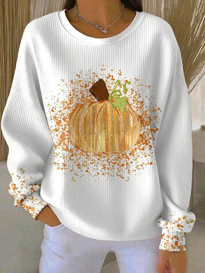 Geribbeld gebreid shirt met pompoenprint en lange mouwen