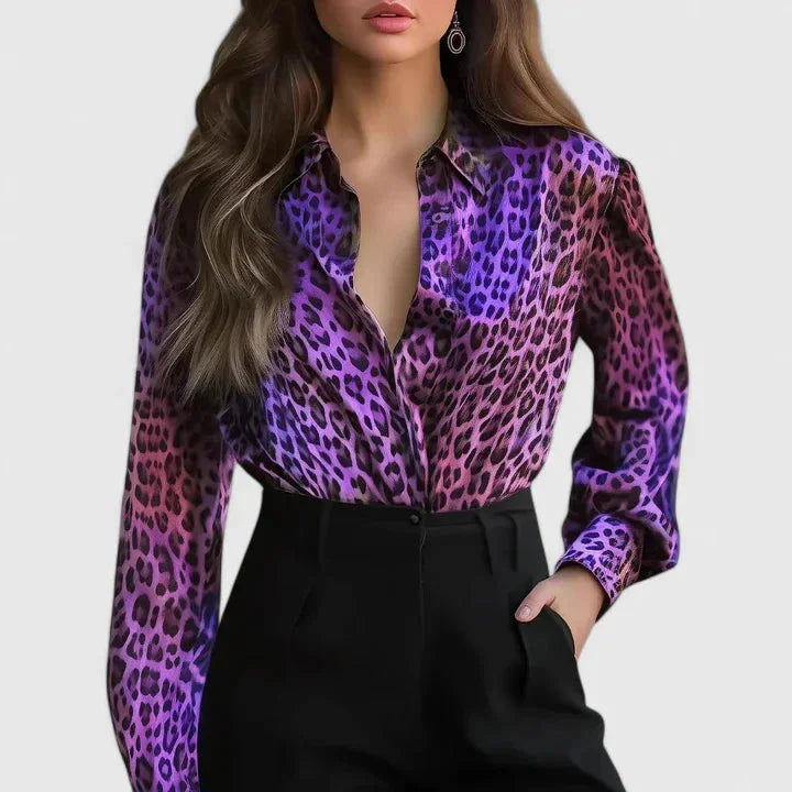 Satijnen blouse met luipaardprint en kraag