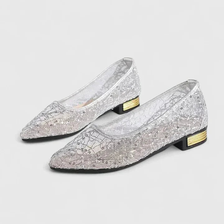 Transparante kanten puntige flats met blokhak