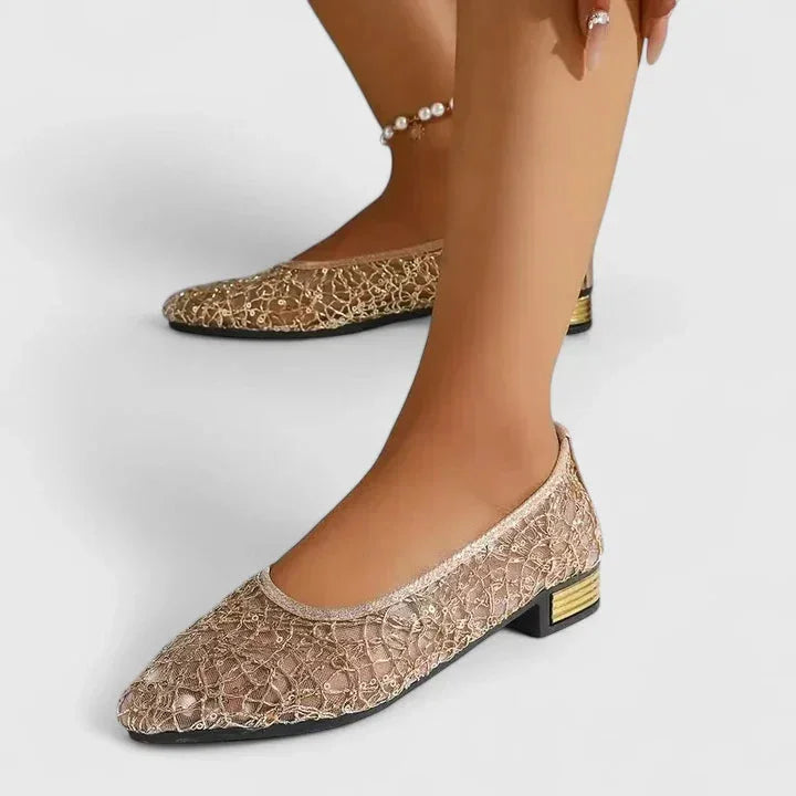 Transparante kanten puntige flats met blokhak