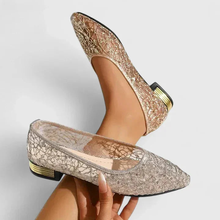 Transparante kanten puntige flats met blokhak