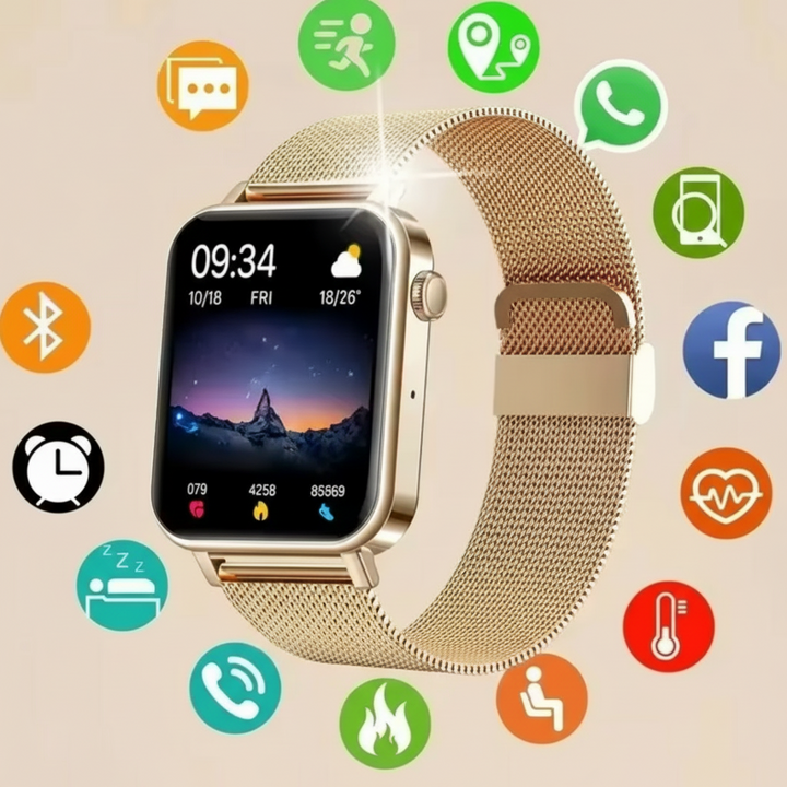 Dames-smartwatch met fitnesstracking, mesh metalen band en touchscreen, gps