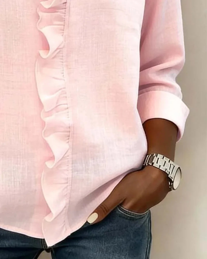 Dames blouse met ruches, V-hals en lange mouwen