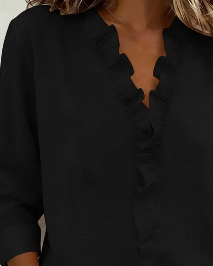 Dames blouse met ruches, V-hals en lange mouwen