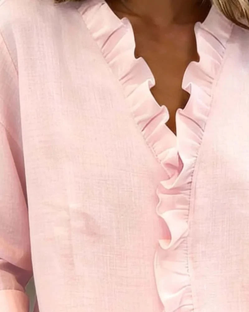 Dames blouse met ruches, V-hals en lange mouwen