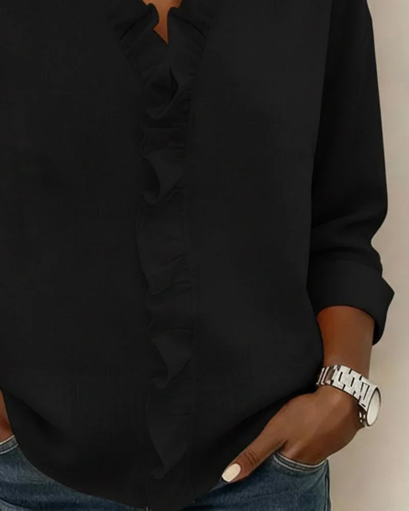 Dames blouse met ruches, V-hals en lange mouwen